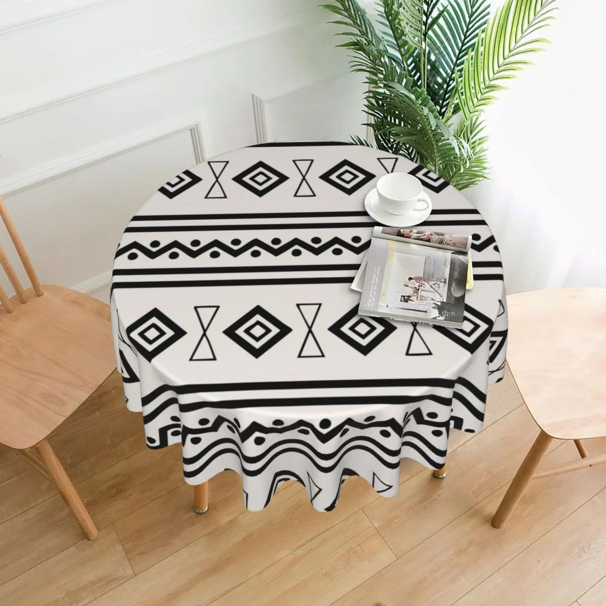 

Black And White Aztec Table Cloth Desk Cover Polyester Printed Dustproof Round Manteles for Living Room Decorations