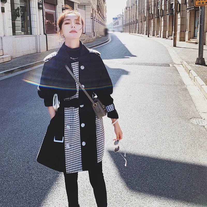 

SuperAen New Plaid Patchwork Windbreaker Women's Long Spring and Autumn Temperament Loose Jacket Coat