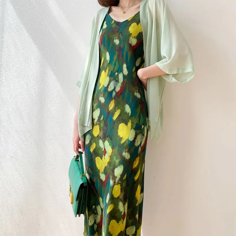 

Women Silk Chemise Dress 93% Mulberry Silk 7% Spandex Green Floral Printed Chic Spaghetti Straps Slip Dress Summer Beach MM874