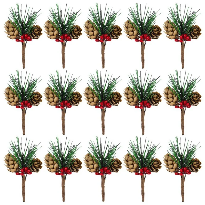 

30 Pcs Artificial Pine Cone Picks And Red Berry Mini Artificial Pine Tree For Christmas Party Flower Wreaths Decorations