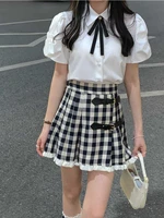 houzhou kawaii plaid skirts women preppy style suit 2022 summer pleated skirt sweet a line korean fashion ruffles high street