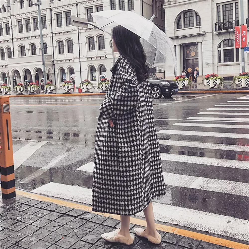 

2023New Coat Wool Jacket Women Winter New Korean Fashion Jacket Streetwear Houndstooth Long Overcoat Coat Female Trend
