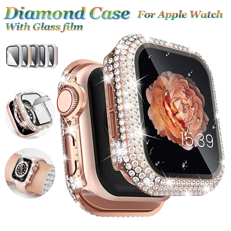 Watch Case+Tempered Glass for Apple Watch 8 Case 45mm 41mm 44mm 40mm Full Diamonds Bumper for IWatch Series 8 7 6 SE 5 4 3 Cover
