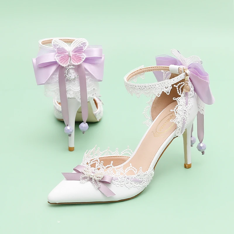 

Girls Shoe Purple Silk Bow Chiffon Lace Purple Bowknot Pointed Flower Bridesmaid Women's Shoes One Word Hollow High Heel Sandals