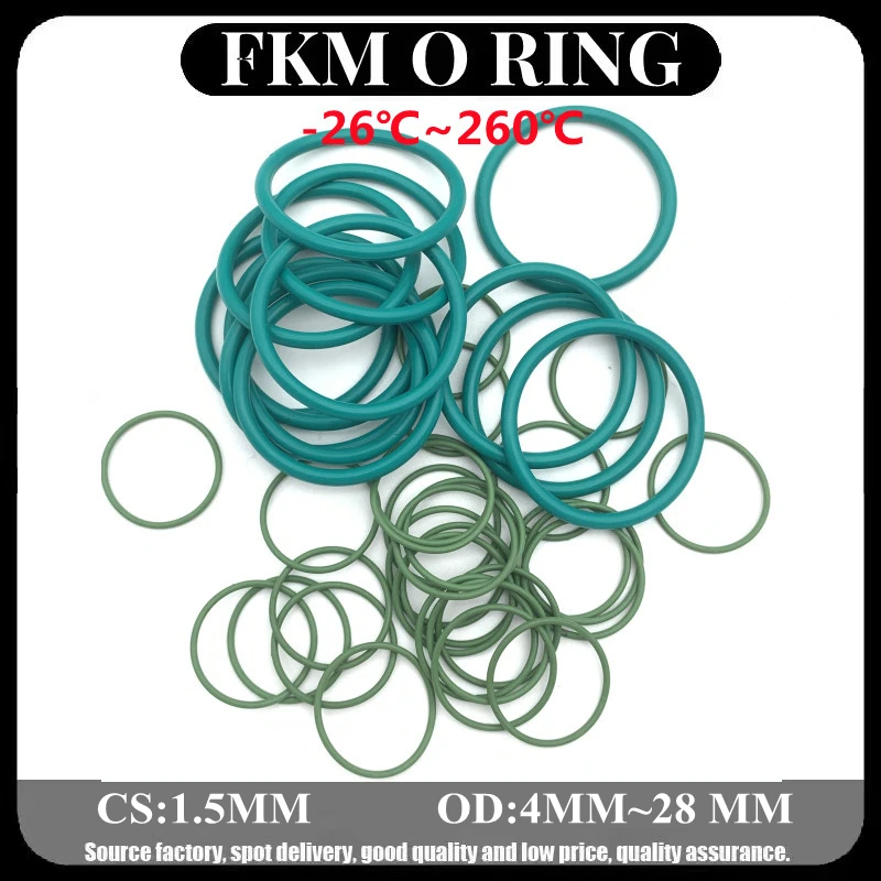 

100Pcs FKM Fluorine Rubber O Ring Sealing Gasket Thickness CS 1.5mm OD 4 ~ 28mm Insulation Oil High Temperature Resistance Green