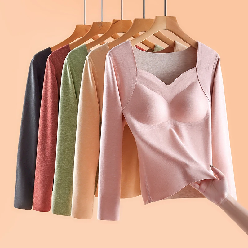No Trace Velvet Thermal Long Sleeve Women Underwear Plus Bottoming Shirt Tops Woman Thick Autumn Winter Clothes Chest Pad