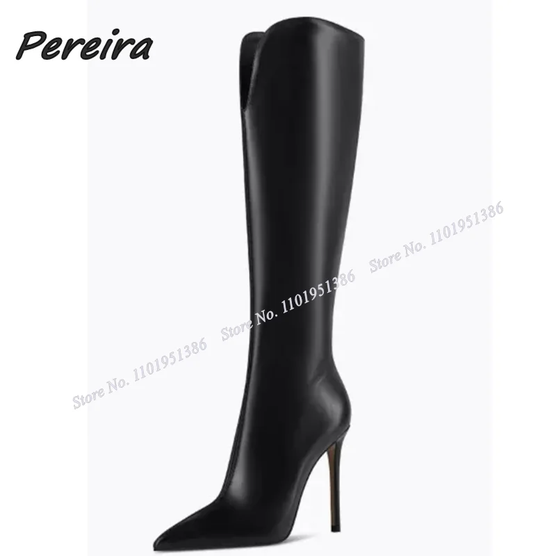 Pereira Black Front Cut Out Solid Boots Knee High Pointed Toe Stiletto Shoes for Women High HeelsNew Winter Zapatillas Mujer