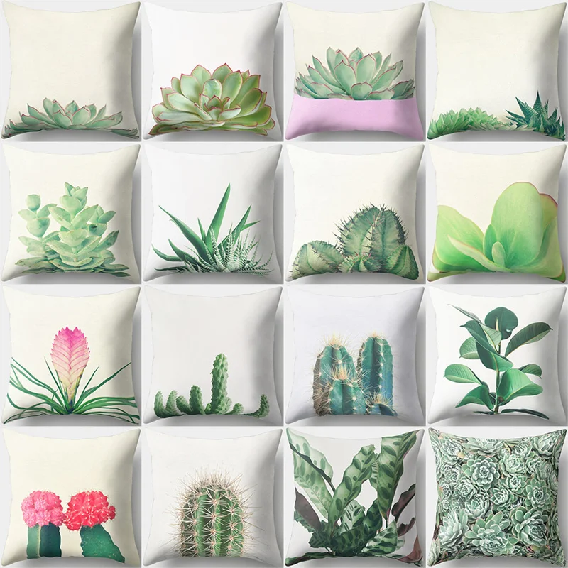 

45x45cm Green Cactus Leaves Plant Pillowcase Natural Pink Flower Potted Plants Cushion Pillow Cover Sofa Bedroom Decoration