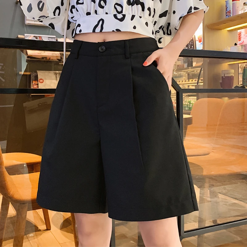 Women Straight Vintage Loose Casual Black Large Shorts 2021 Female Harajuku High Waist Solid Formal Suits Shorts All-match