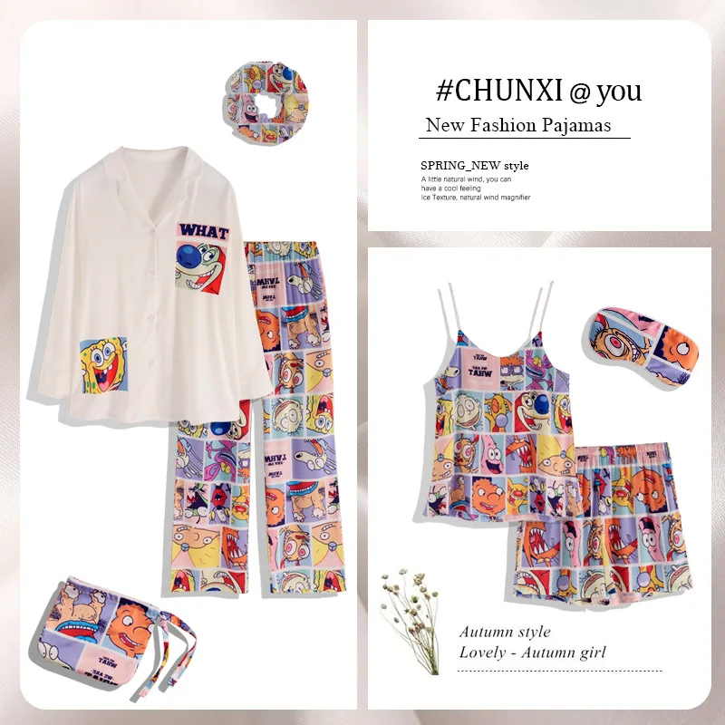 Women Loungewear Set Casual Home Wear Cartoon Lovely 7-pieces Pyjamas Set Summer Spring Pajama Set For Female Young Girl