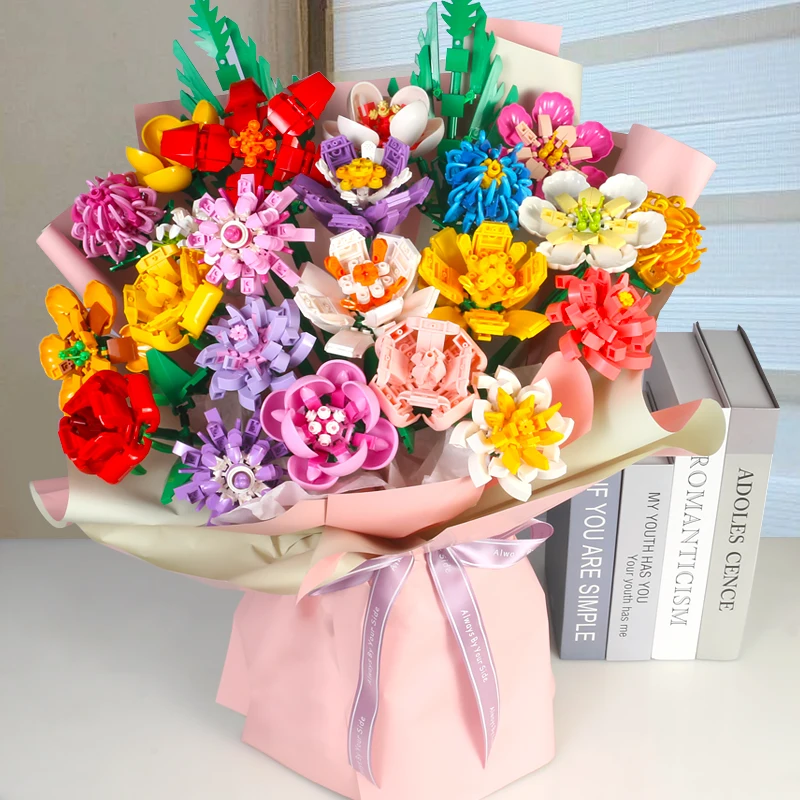 

Букет цветов Fomantic, розы, строительные блоки, кирпичи, игрушка «сделай сам» в горшке, иллюстрация, праздничный подарок для подруги, подарок на...