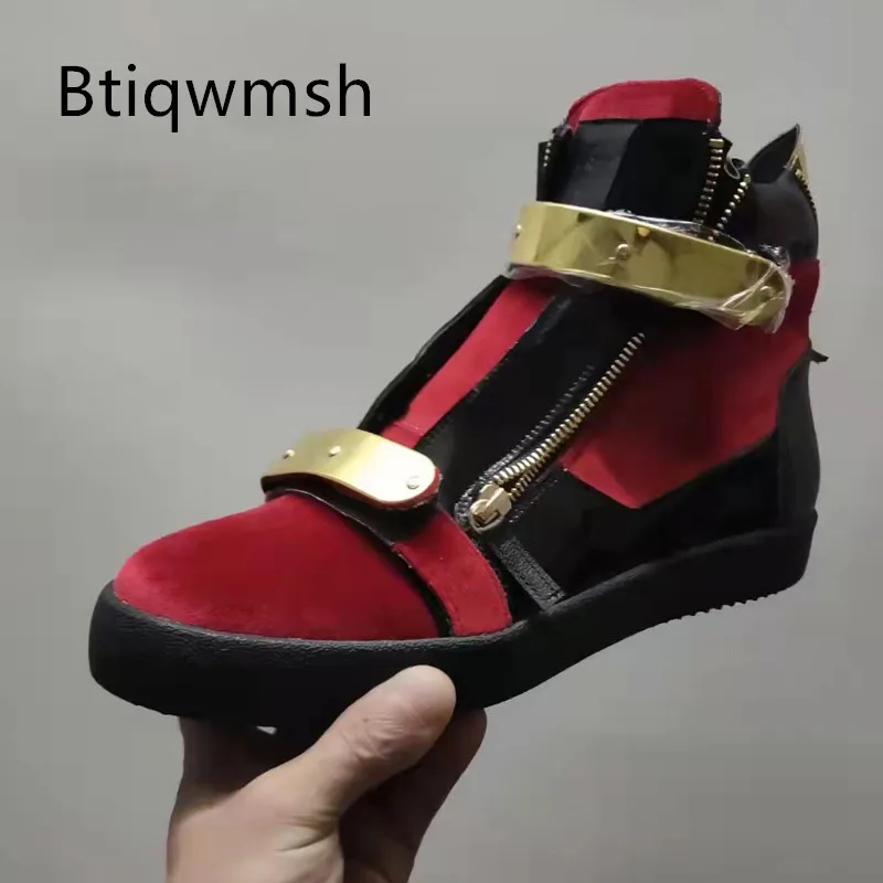 

Red Luxury Velvet Sneakers Man Pointed Toe Gold Metal Decor Side Zipper Flat Shoes For Men Fashion Ankle Boots