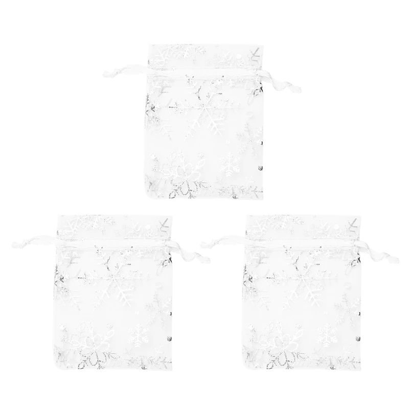 

300 PCS Organza Wedding Gift Bags Drawstring Jewelry Pouch Bags Silver White Snowflakes Printed Sheer Party Favor Bags