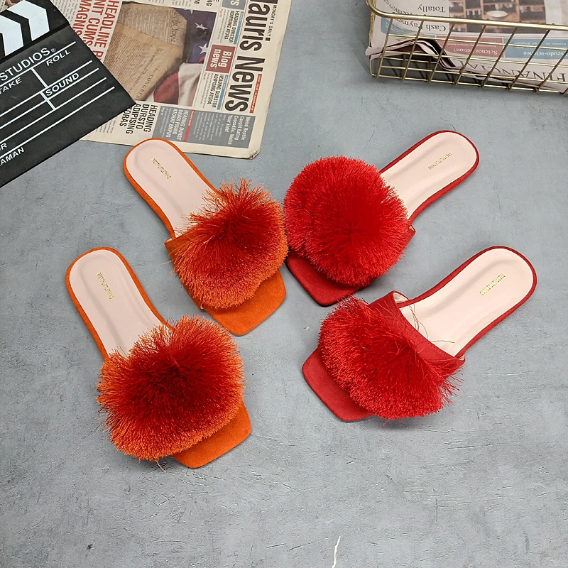 

Fashion Womens Shoes 2022 Female Sandal Large Size Fur Heels Luxury Summer Girls Big Velvet Outside New Flat PU Rome Flock Rubbe