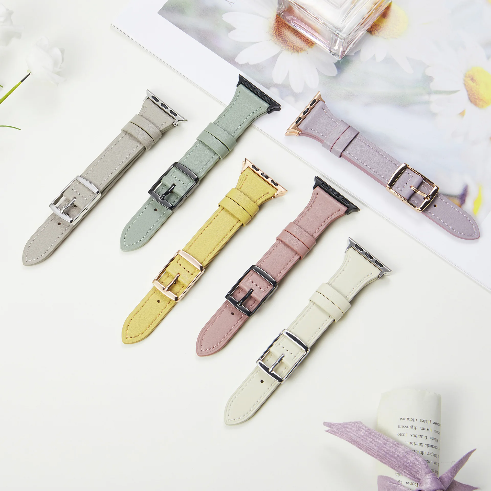 Colorful Replacement Watchband Strap for  Apple Watch 38mm 40 41 42 44mm 45mm 49mm Women Slim Leather Bracelet  for iWatch 8 7 6