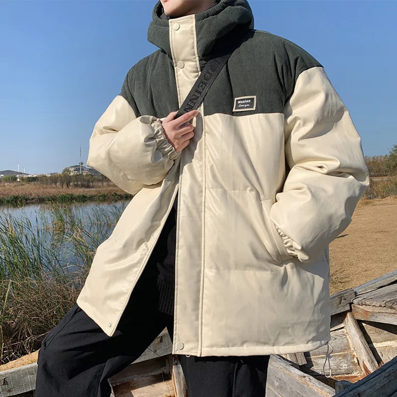 Winter Jacket Men Warm Fashion Casual Thickened Leather Jacket Men Streetwear Loose Hooded Short Coat Mens Parker Clothes M-2XL