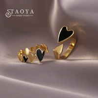 2022 new creative metal black enamel peach heart stitched gold color rings accessories for women at korean fashion jewelry party
