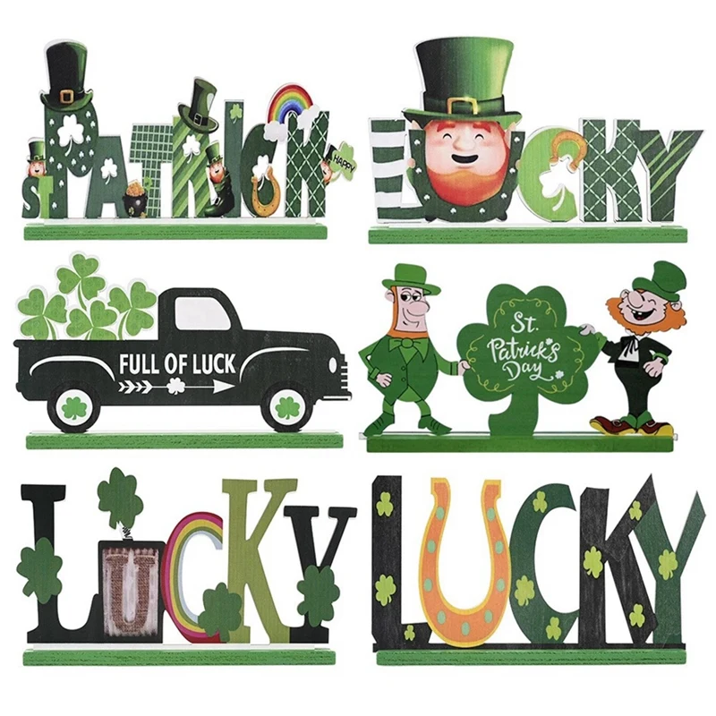 

6Pcs St. Patrick's Day Theme Party Decoration Wooden Creative Green Leaf Festival Letter Ornaments Desktop Decoration