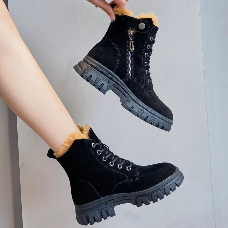 2022 Winter Shoes Women Suede Leather Boots Flat Non-slip Snow Boots Genuine Leather Warm Plush Women Ankle Botas Black New