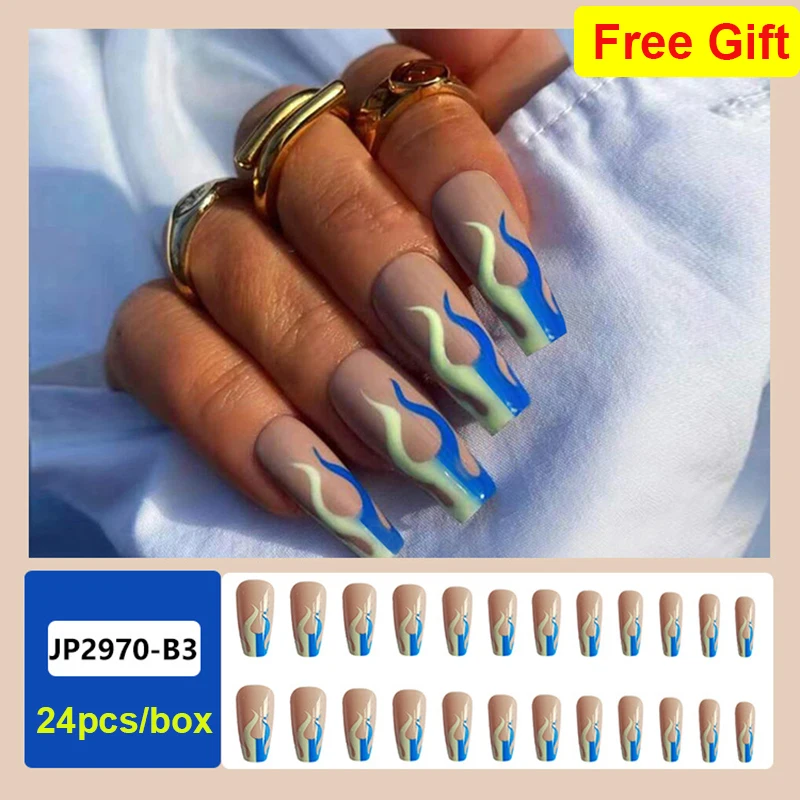 

24pcs/set fake nails press on faux ongles capsule tips supplies with Blue flame design french long coffin false acrylic nail kit