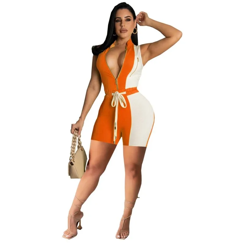 

Two Piece Shorts Sets Women Zipper Sleeveless Tops And Shorts Suit Summer New Fashion Patchwork Skinny Street Style Sexy Outfits