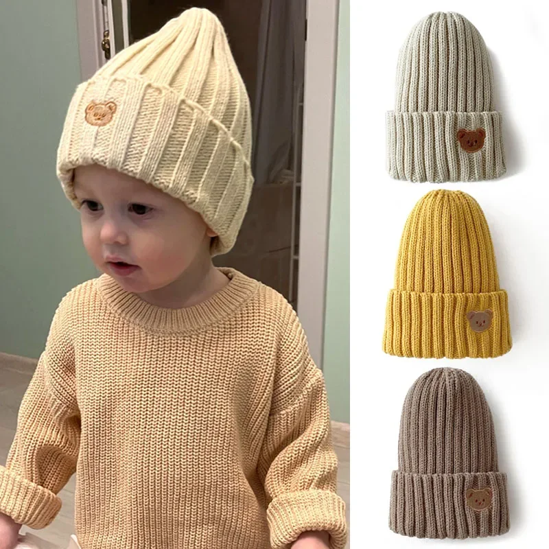 

2023 Korea Spring Autumn Kids Boys Hat Candy Color Baby Boys Beanies Knit Hat Baby Girls Bear Head Embroidery Kids Knitted Hat