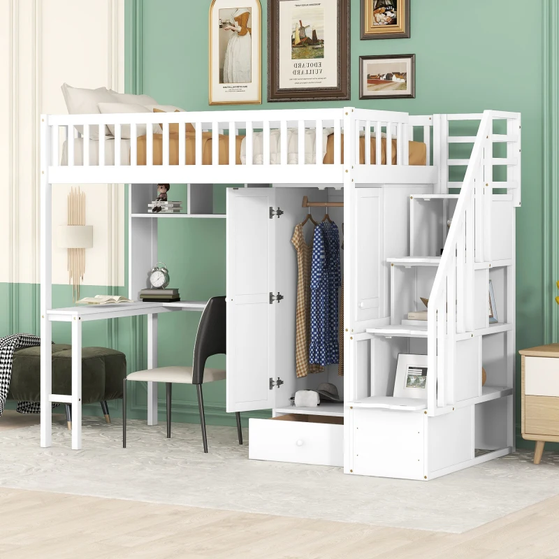 

Twin Size Loft Bed with Bookshelf,Drawers,Desk,and Wardrobe-White