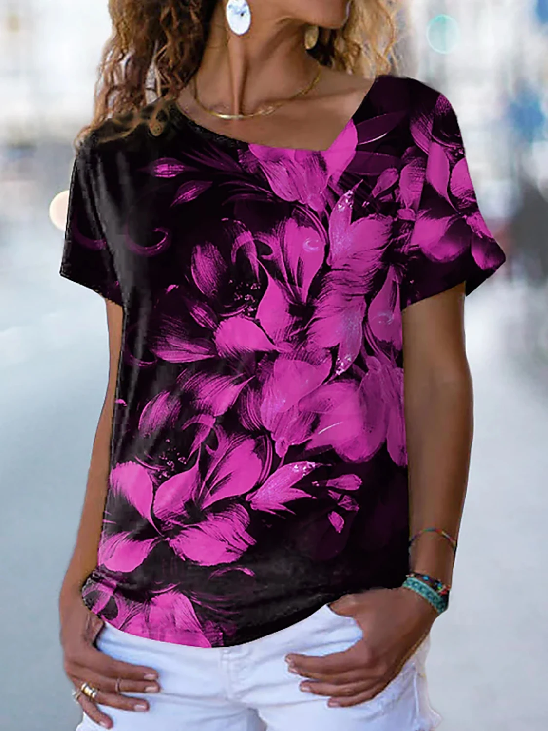 

Elegant 3D Print Women T Shirt Short Sleeve Summer Casual Loose Personalized Diagonal Collar T-Shirts Femme Female Tops Clothing