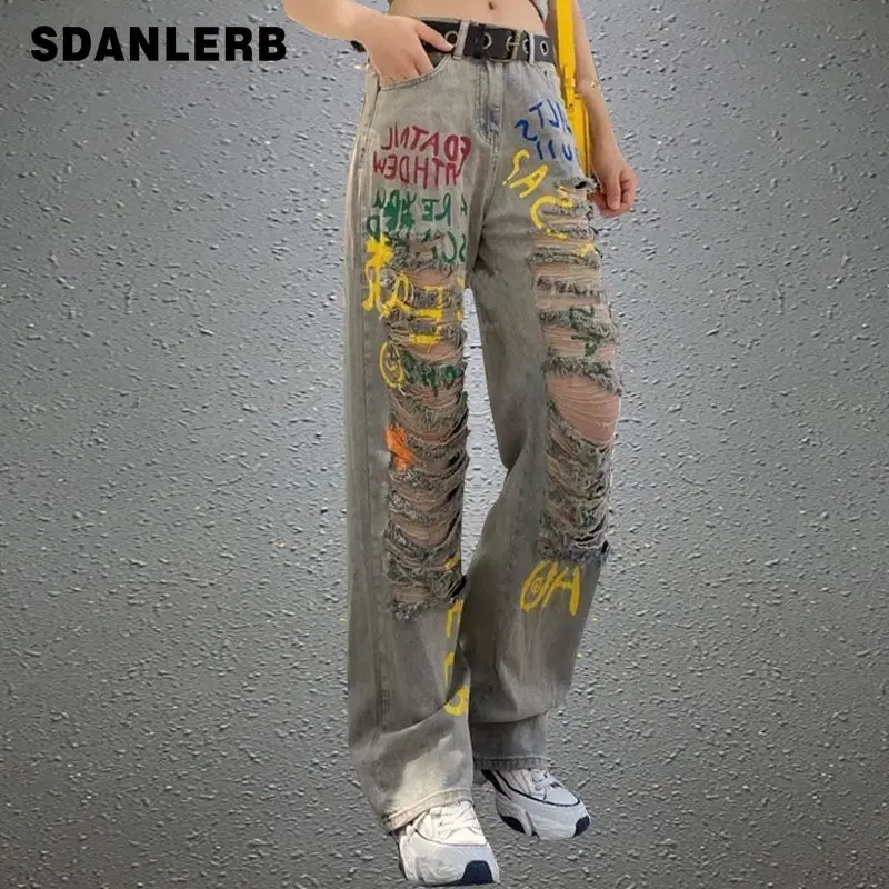 

Ripped Jeans Women's Summer 2022 Thin Straight Color Letters Figure Flattering Mop Wide Leg Long Denim Pants Loose Trousers