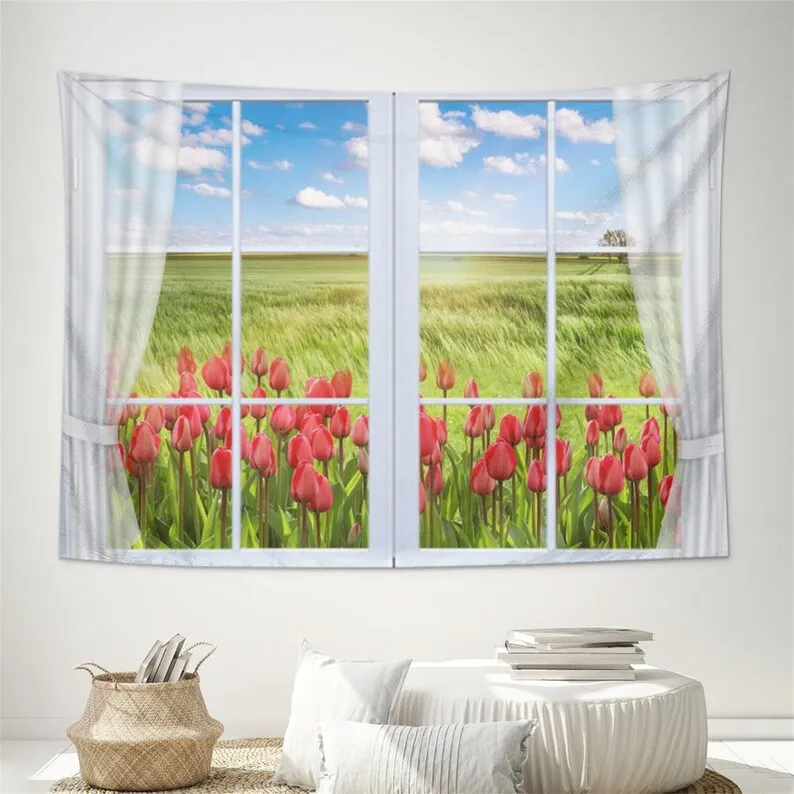 

Tulip Window Tapestry Wall Hanging Forest stream Tapestries for Home Decorations TV Backdrop Dorm Decor Living Room Bedroom