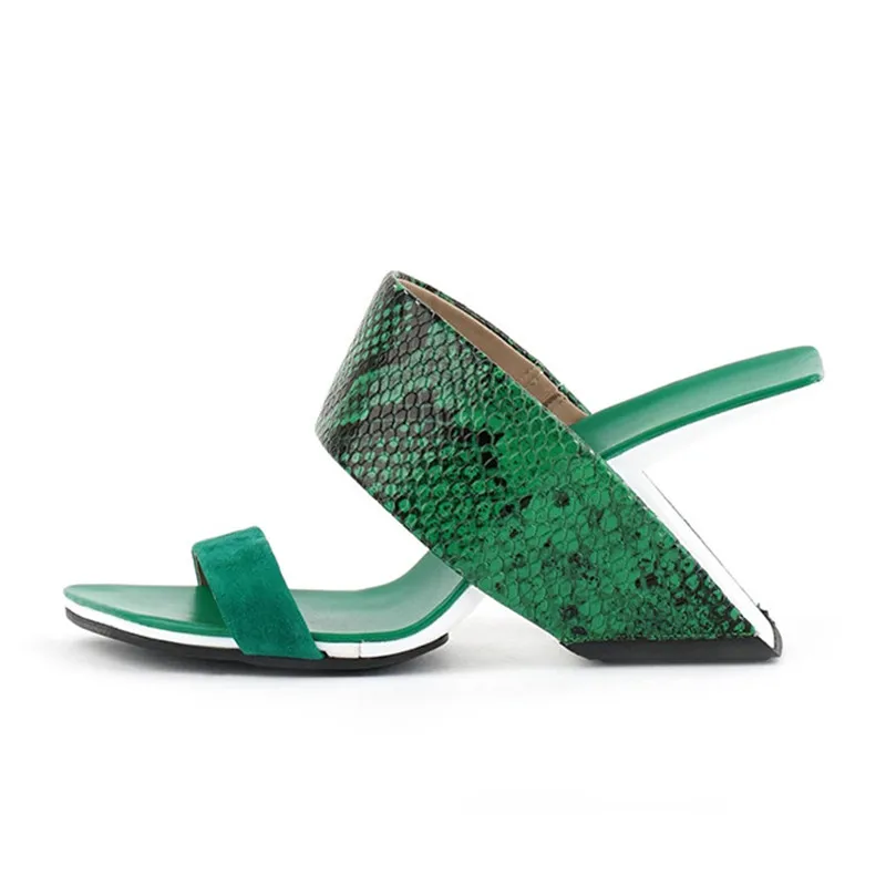 

Green Snakeskin Leather Women Outside Slippers 8cm Strange High Heels Beach Blue Slides Fashion Gold Prom Party Sandals Femmes