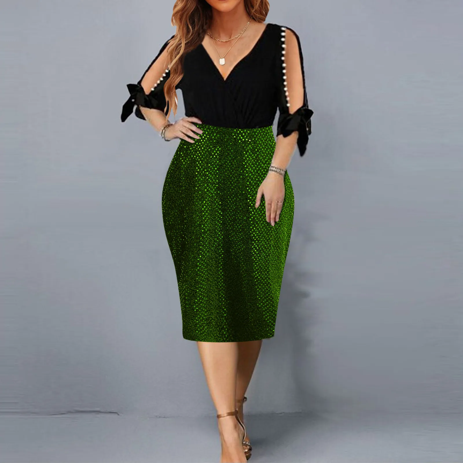 

Women Fashion Nightclub Glitter Sequined Mini Dress Ladies Hollow Short Sleeve Deep V Neck Solid Hip Wrap Slim Fit Party Dress