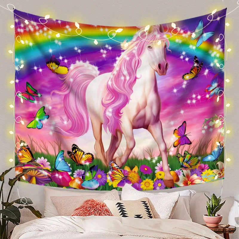 

Butterfly Unicorn Rainbow Tapestry Cartoon Fairy Tale World Dormitory Children Room Living Room Aestheticism Decor Pink Purple