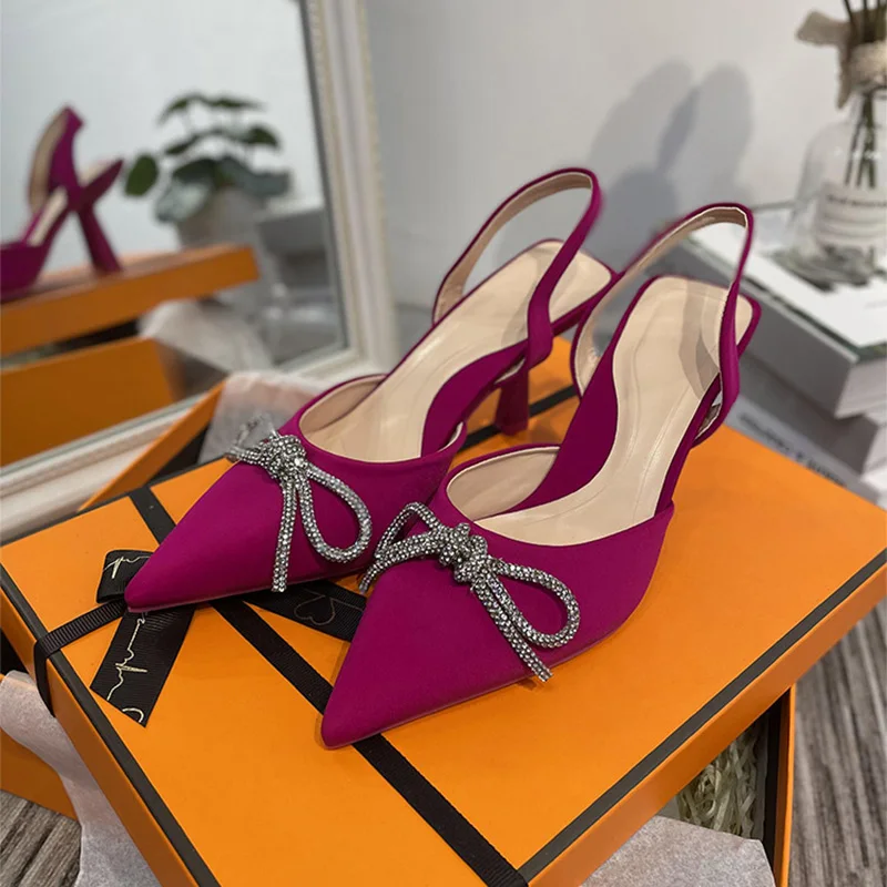 

New Women Sandals Pointed Toe Butterfly Knot Crystal Female Pumps Flock Thin Heel Sexy Plus Size Ladies Summer Fashion Shoes