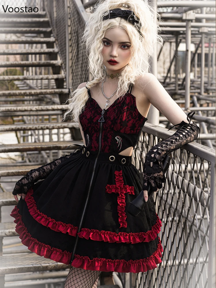 

Vintage Gothic Lolita Style Mini Dress Women Harajuku Y2K Lace Ruffles Cross Sleeveless Party Dresses Girly Punk Strap Vestidos