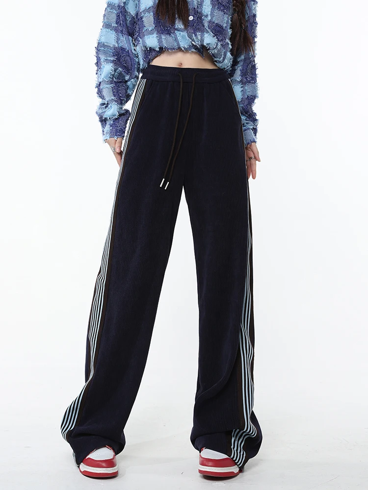 

Женские спортивные брюки в полоску, повседневные мешковатые брюки с широкими штанинами, высокой талией и эластичным поясом в Корейском стиле, весна 2023