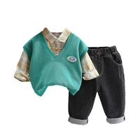 new spring autumn baby boys clothes suit children plaid shirt vest pants 3pcssets toddler casual cotton costume kids tracksuits