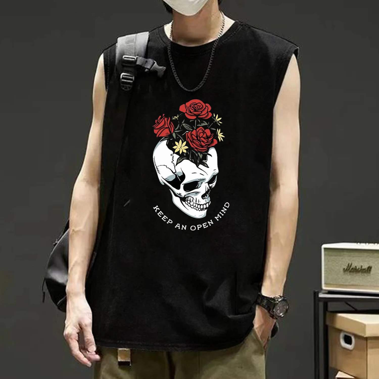 Футболка мужская с круглым вырезом тенниска без рукавов майка принтом черепа