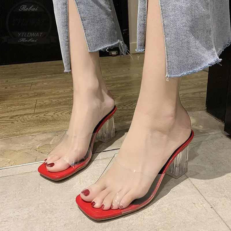 

Transparent Sandals Women's High-heeled 2022 New Summer Net Red Word With Mid-heel Crystal Thick Heel Outer Slippers SIZE 35-43