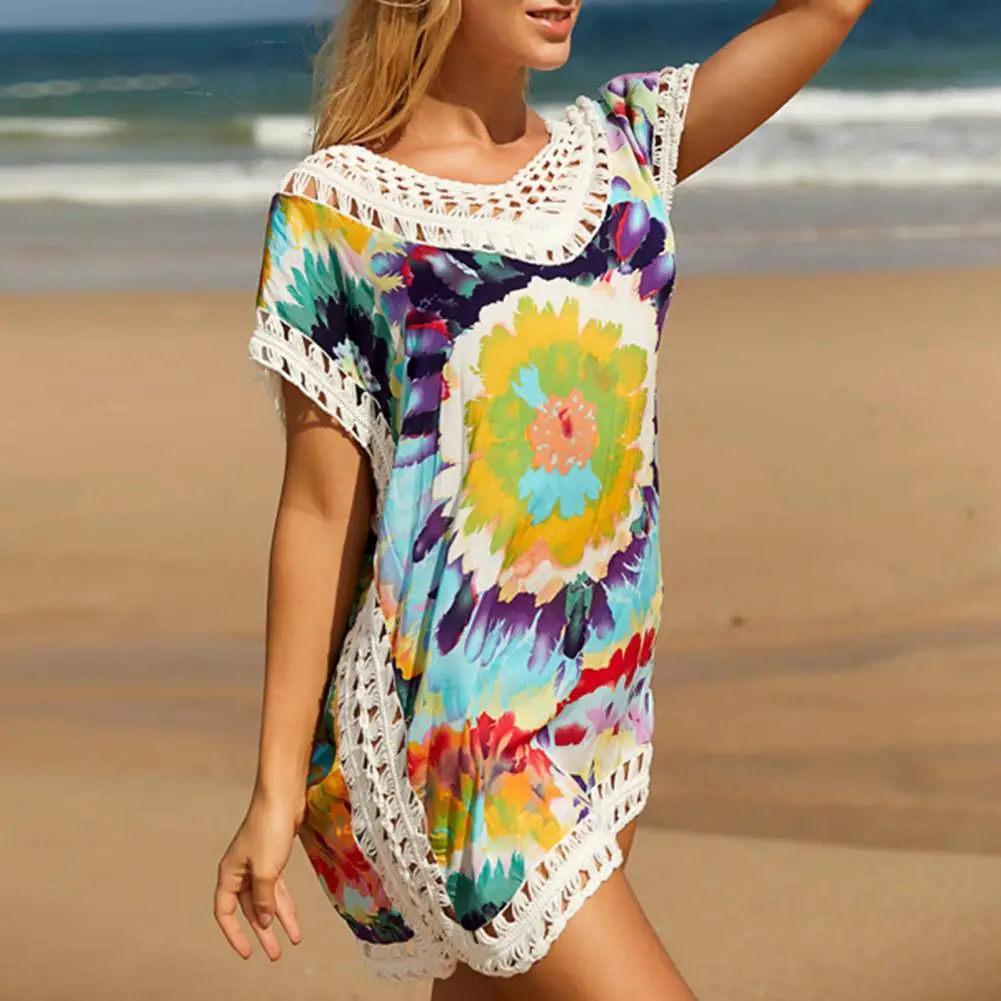 

Sleeveless Beach Dress Sexy Color Printing Cotton Crochet Knitted Tunic Cover Ups Summer Sun-proof Swimwear Dress Bikini Dress