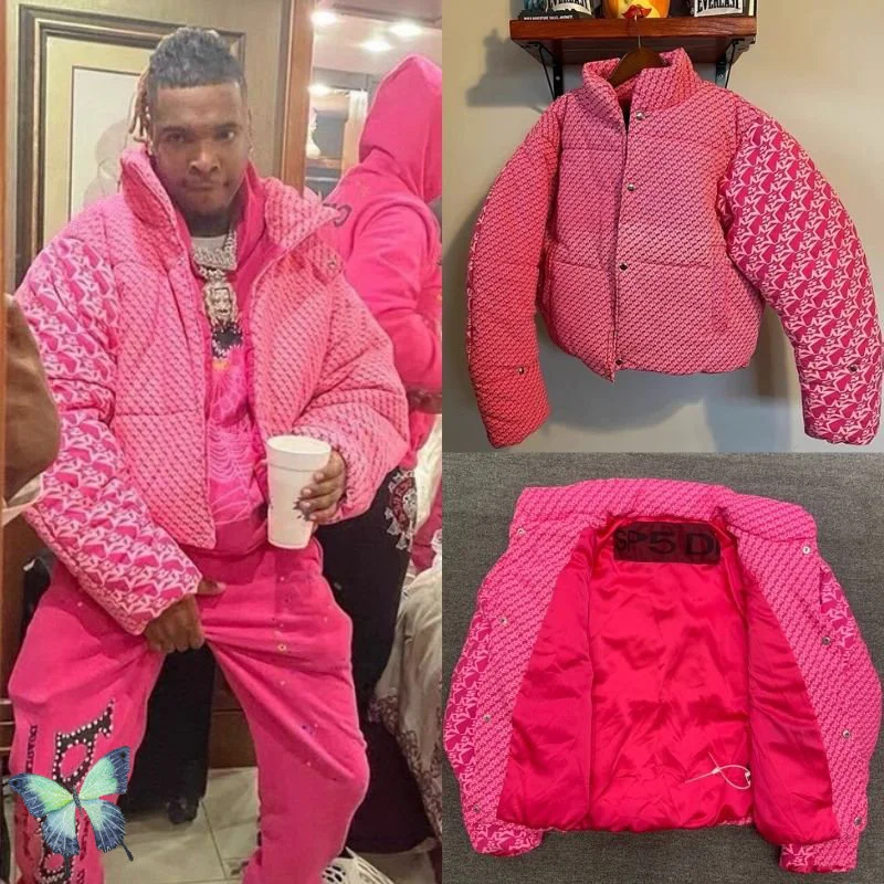 

Chaqueta gruesa de invierno para hombre y mujer, abrigo de plumas con estampado completo, color rosa y rojo, modelo Thug Sp5der