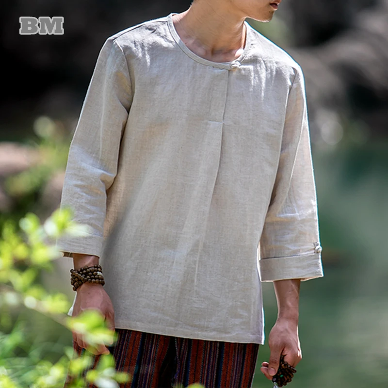 

Chinese Traditional Dress Summer Cotton Linen T-Shirt Men Clothing Plus Size Thin Round Neck Short Sleeve Tai Chi Kung Fu Tops