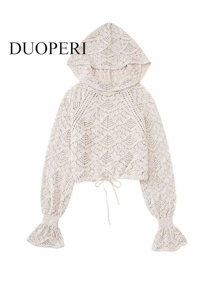 

DUOPERI Women Fashion Beige Hollow Out Cropped Knitted Hoodies Sweater Vintage Hooded Neck Long Sleeves Female Chic Lady Tops