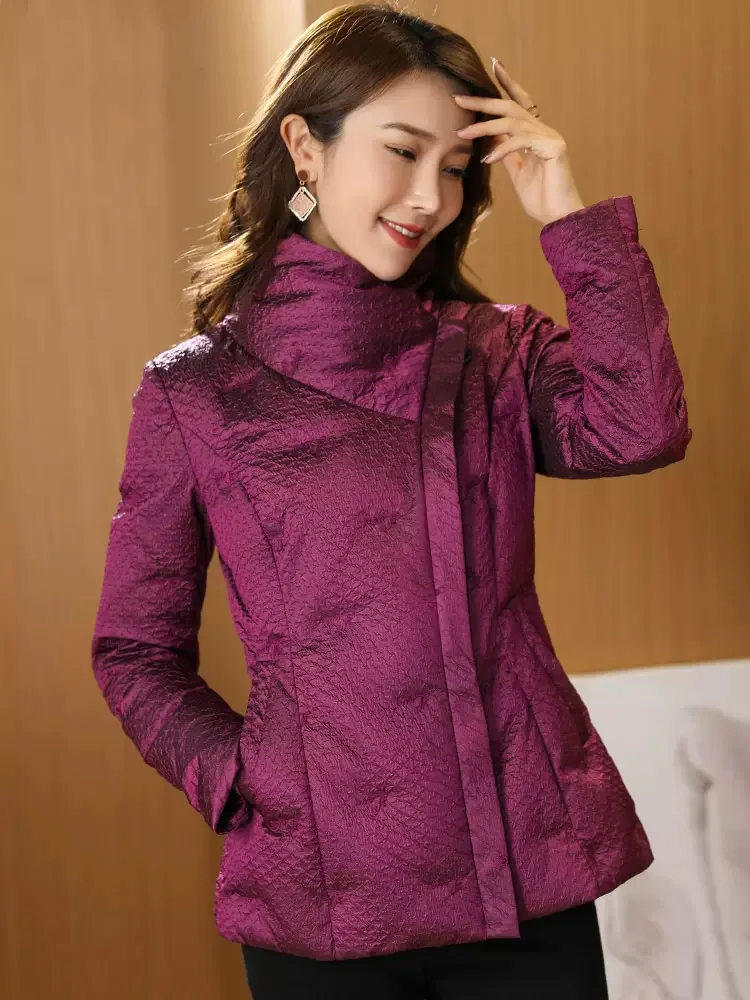 New Women Winter Down Jacket Casual Fashion Stand Collar Lightweight Warm Short White Duck Down Coat Purple Slim Outerwear