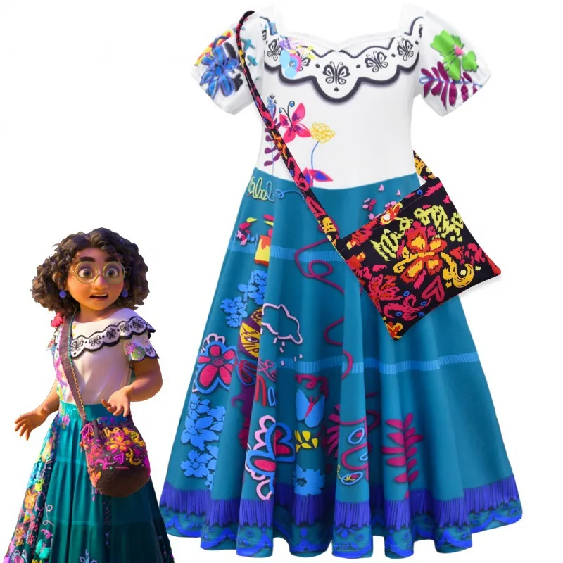 

2022 Encanto Girls Cartoon Princess Dress Little Girls Fly Sleeves Toddler Holiday Fashion Dresses and Bags Kids Cosplay Clothes