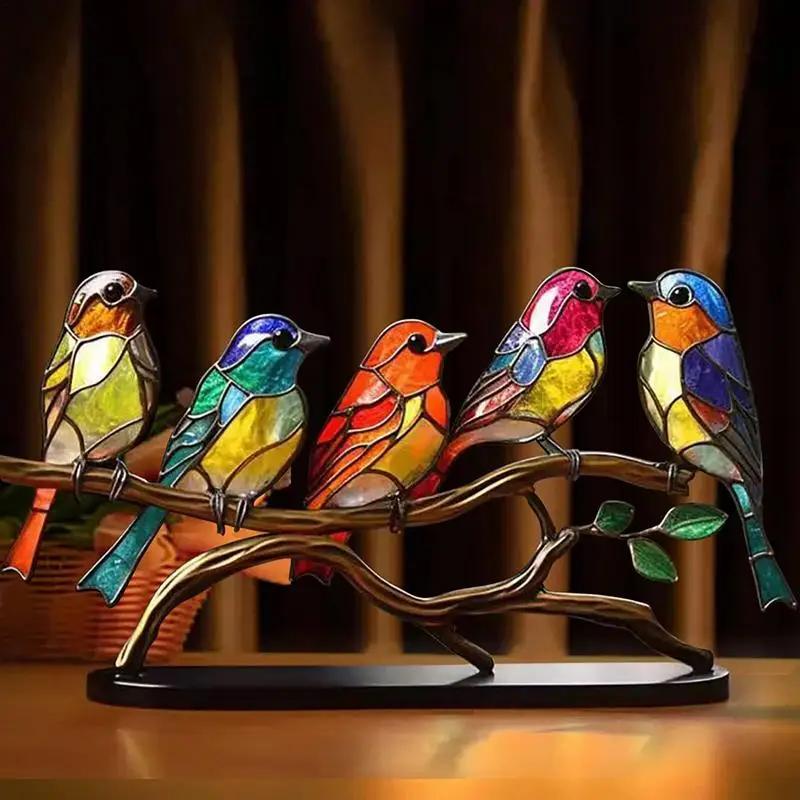 

Acrylic Stained Glass Birds On Branch Desktop Ornaments Small Long Lasting Home Decor With Wood Base For Living Room Dining Desk