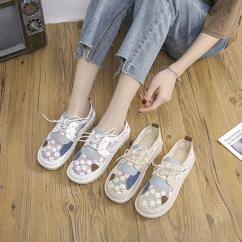 Lace Canvas Women Shoes Hollow Woman Flat Shoes Cutouts  Running Casual Sneakers Women Summer Breathable Flat Women Sports Shoes