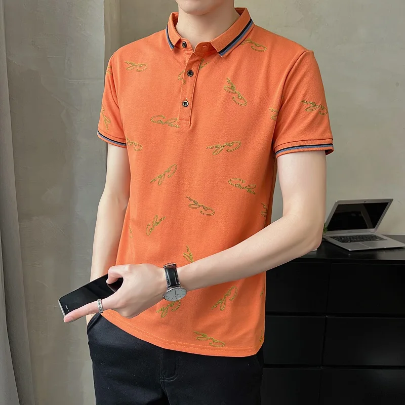 

2022 Summer Letter Print POLO Shirts Men Short Sleeve Slim Business Casual T-Shirts Social Streetwear Lapel Tee Top Men Clothing