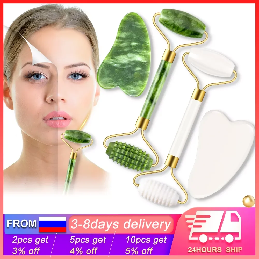 

2pcs/kit Gua Sha Massager For Face Care Jade Rollers Beauty Health Skin Scraping Chin Lifting Natural Stone Gouache Massage
