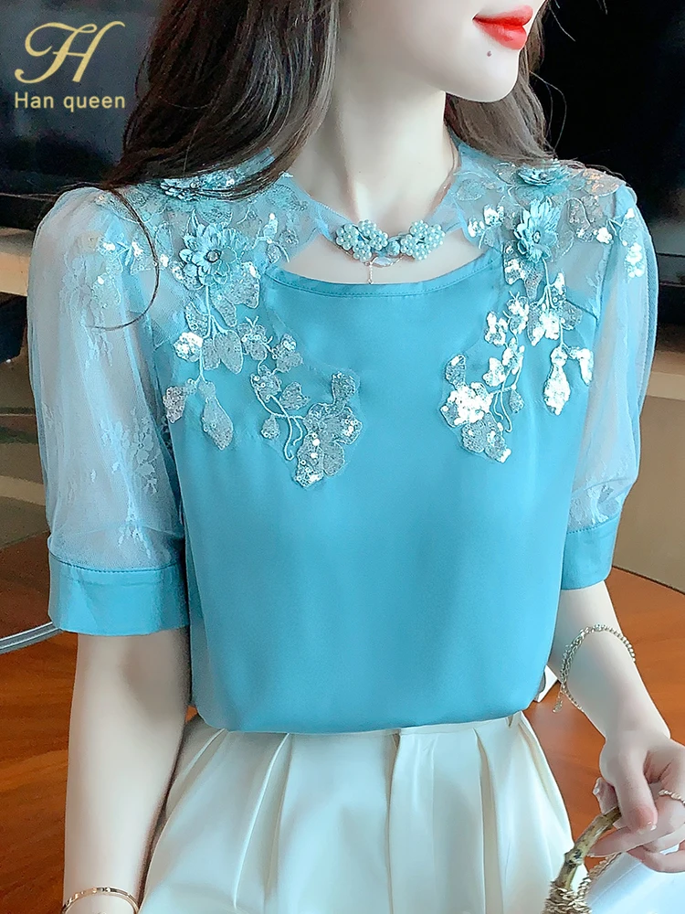 

Женская шифоновая блузка H Han Queen, винтажная Повседневная Блузка с цветочным принтом, украшенная бусинами и бриллиантами, элегантная Свободная рубашка для офиса на лето